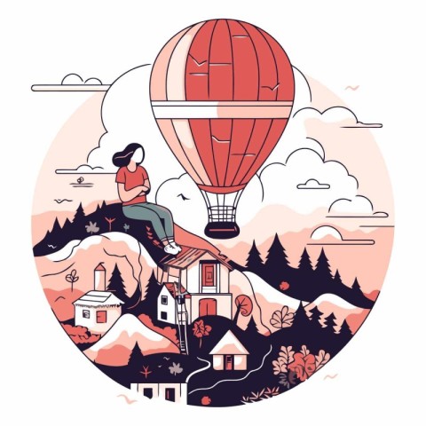 Vector illustration of a girl flying on a hot air balloon over t