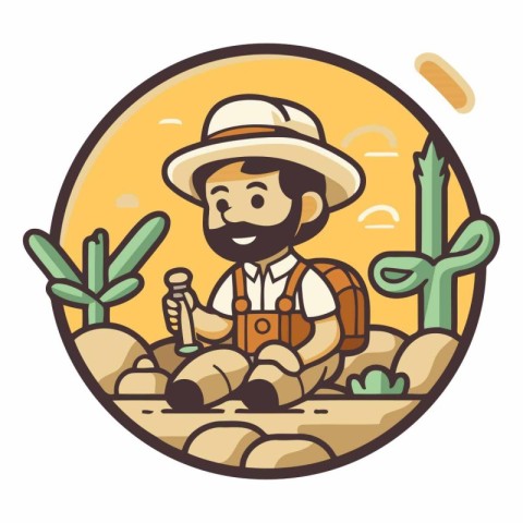 Illustration of a man hiker sitting in the desert with cactus