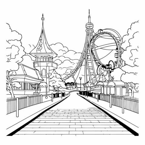 Amusement park with ferris wheel and trees. Hand drawn vector il