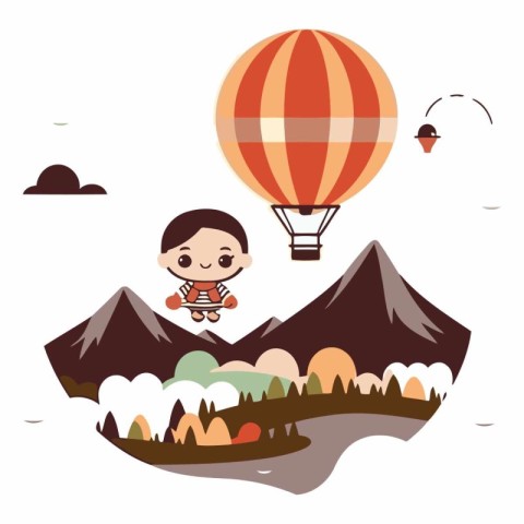 cute boy flying hot air balloon in the mountain vector illustrat