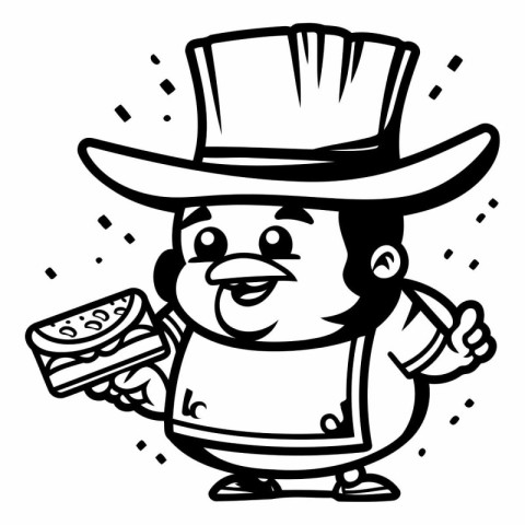 Leprechaun with Sandwich - Black and White Cartoon Illustration.