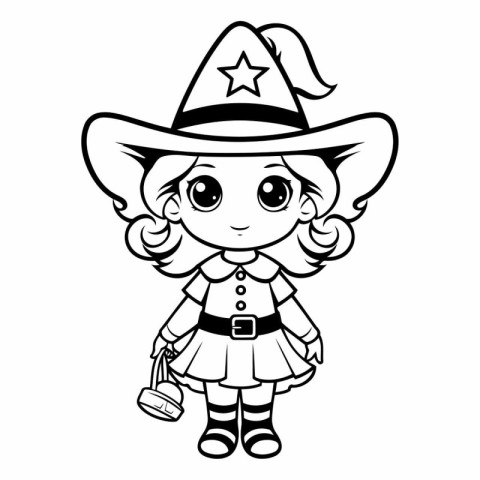 Black and White Cartoon Illustration of Cute Little Witch Girl f