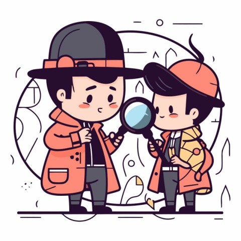 Vector illustration of a boy and girl looking through a magnifyi