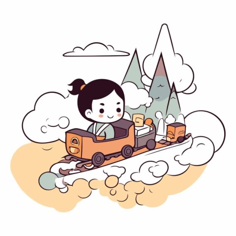 Little girl driving a toy train in the mountains.