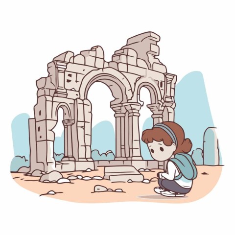 Illustration of a boy sitting at the ruins of an ancient temple