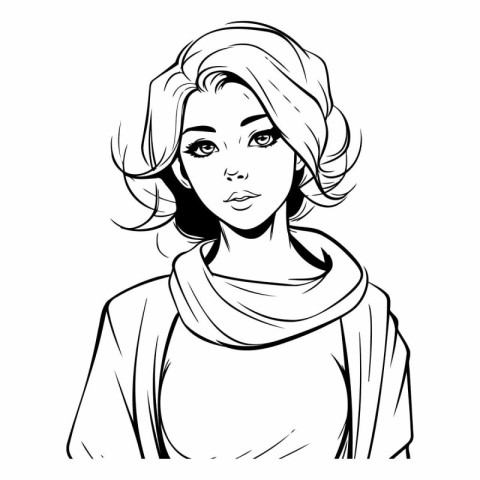 Beautiful young woman. Black and white vector illustration for c