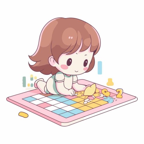 Illustration of a Cute Girl Playing Board Game on a White Backgr