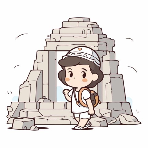 Boy with a backpack on the background of the stone pyramids.