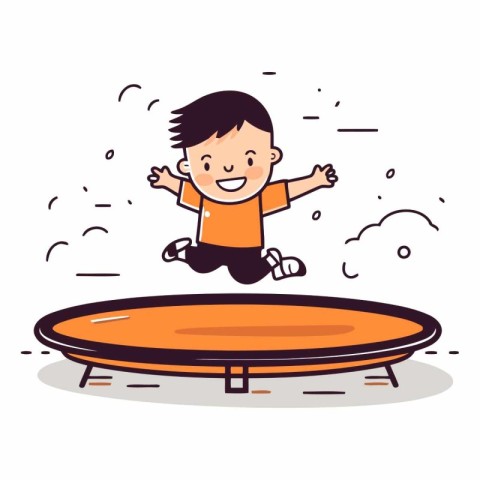 Happy boy jumping on trampoline in cartoon style.