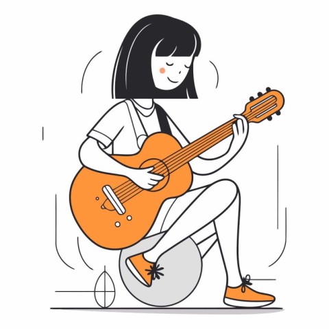 Girl playing guitar in line art style on white background.