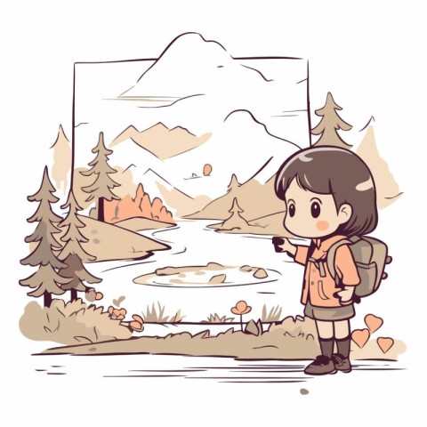 Illustration of a little girl hiking with a backpack and a map