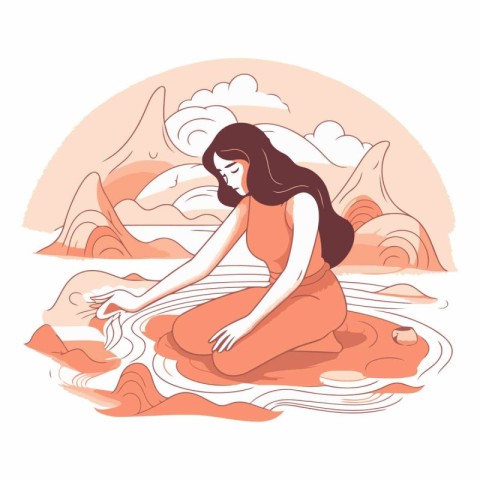 Vector illustration of a girl sitting on the sand in the desert.