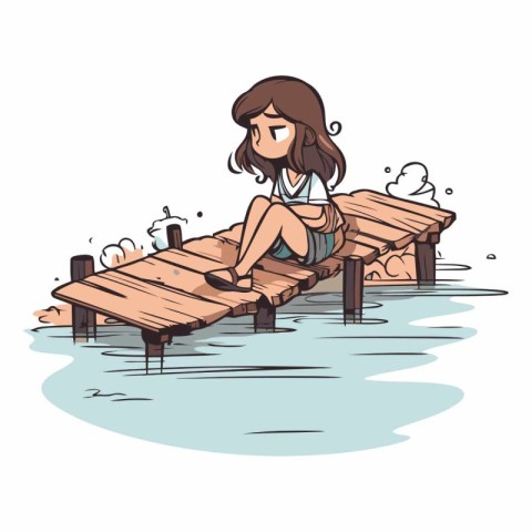 Girl sitting on a wooden pier in cartoon style.