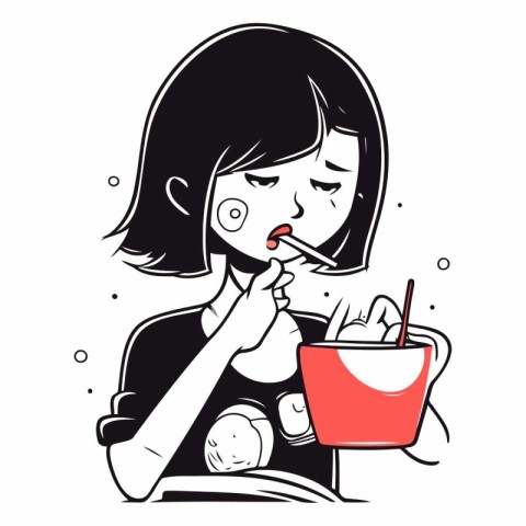 Illustration of a young woman eating a bowl of hot dog.