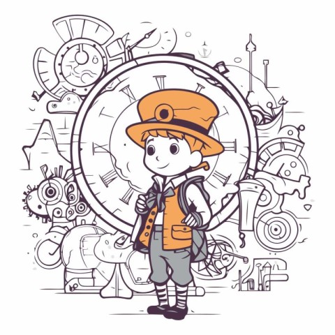 Cute little explorer boy with backpack and compass.