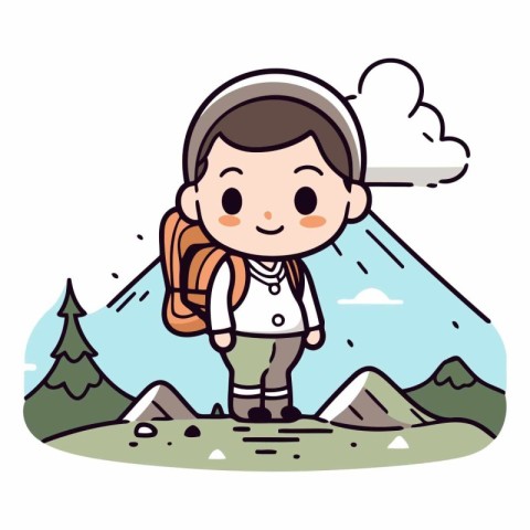 Cute boy hiking in the mountains of a boy with a backpack.