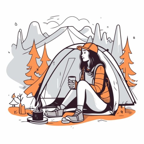 Vector illustration of a young woman sitting near the tent and d