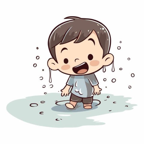 Cute little boy crying in a puddle.