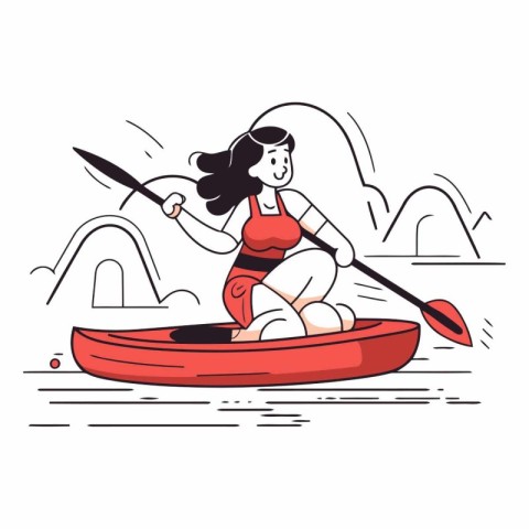 Young woman paddling in a kayak in thin line style.