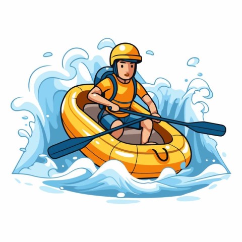 Man in a kayak on a sea wave. Cartoon vector illustration.