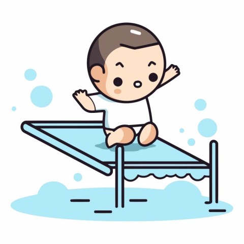 Cute baby boy jumping on the swimming pool.