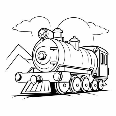 Steam locomotive on the track. Black and white vector illustrati