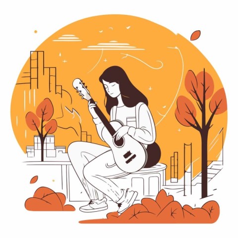 Girl playing guitar in autumn park in flat style.