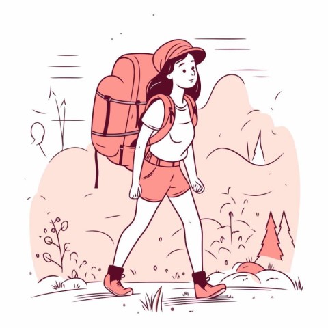 Young woman hiker with backpack hiking in mountains.