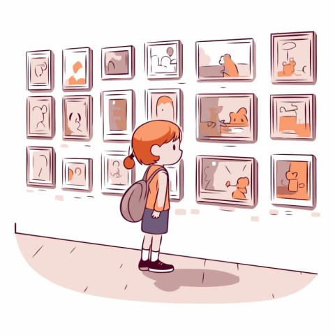 Illustration of a little girl looking at paintings in the galler