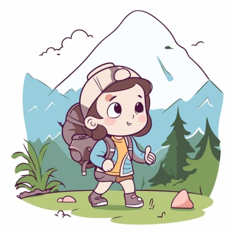 Hiking boy cartoon in the mountains. Cute vector illustration.