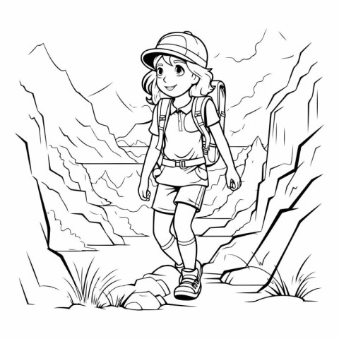 Hiking girl with backpack in the mountains. Outline vector illus