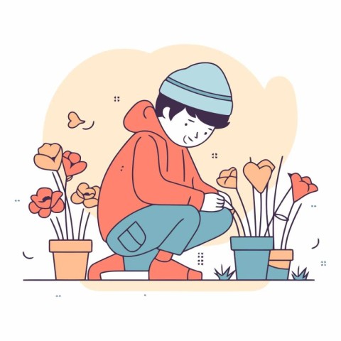 Vector illustration of a boy in a warm sweater and hat sitting i