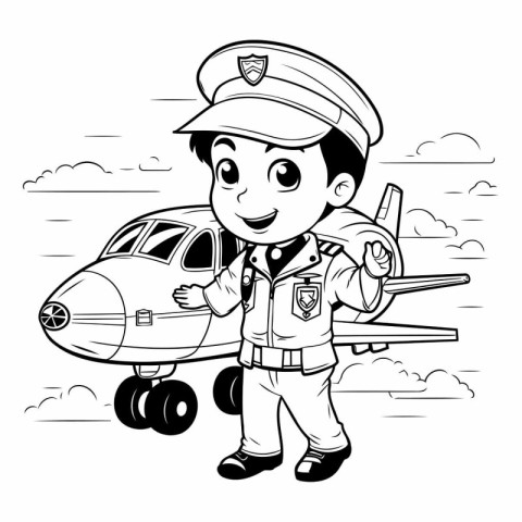 Cute boy pilot with airplane. Cartoon vector illustration for co