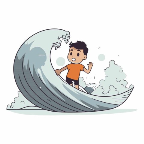 Cartoon boy surfing on wave in flat style.