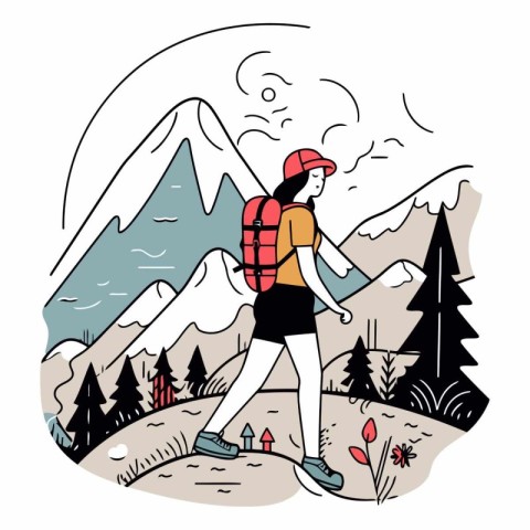 Vector illustration of a woman hiker with a backpack in the moun