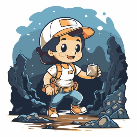 Illustration of a Kid Boy Climbing the Mountain with a Cup of Co