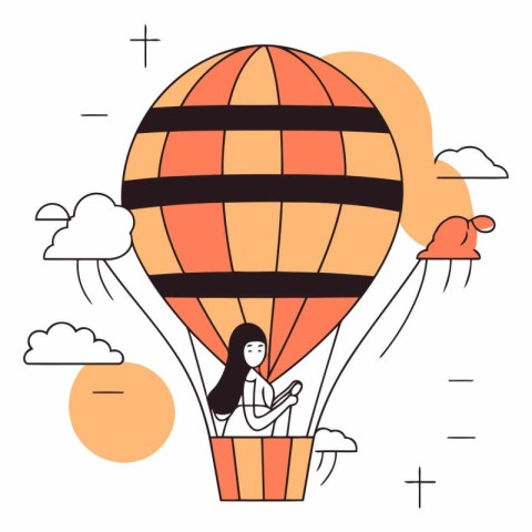 Woman flying in hot air balloon in flat style.