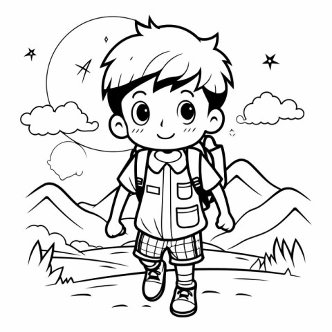 Black and White Cartoon Illustration of Kid Hiking or Camping Ch