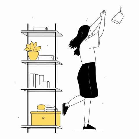 Vector illustration of a young woman is standing at the shelf in