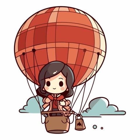 Illustration of a Cute Little Girl Riding a Hot Air Balloon