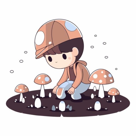 Little boy playing in the mushroom garden. Cute cartoon vector i