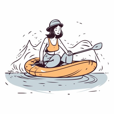 Young woman paddling on a kayak. Vector hand drawn illustration.