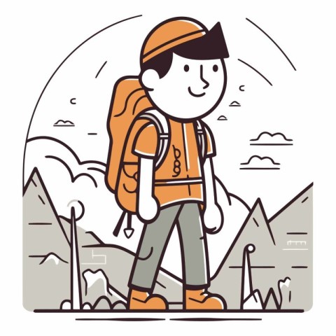 Hiking man with backpack in mountains. Line art vector illustrat