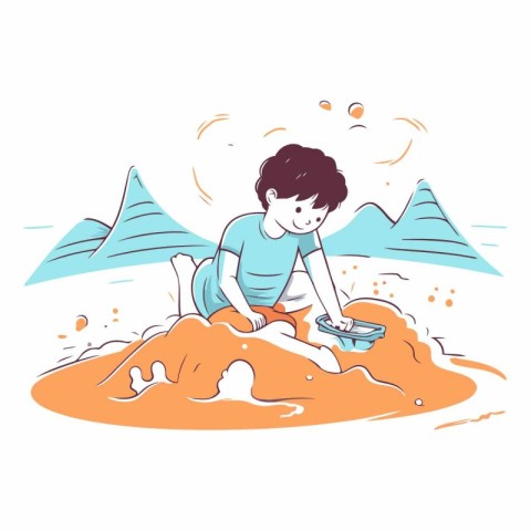 Vector illustration of a boy playing with sand on the beach. Kid