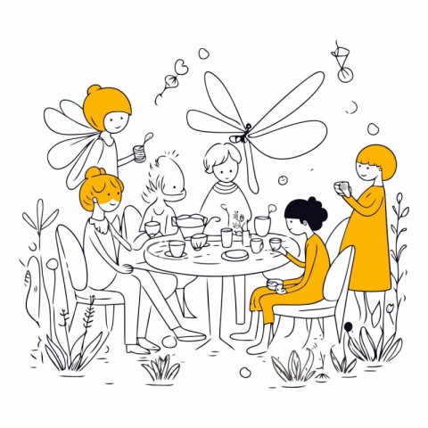 Vector illustration of a group of people sitting at the table in