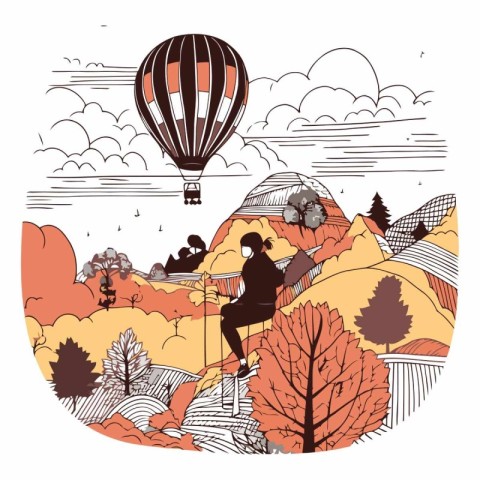 Vector hand drawn illustration of hot air balloon flying over au