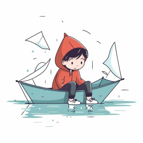 Little boy sitting on a boat and playing with paper boats.