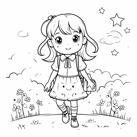 Cute little girl in the park. Coloring book for children.