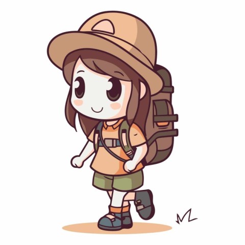 Illustration of a Cute Girl with a Backpack and Hat