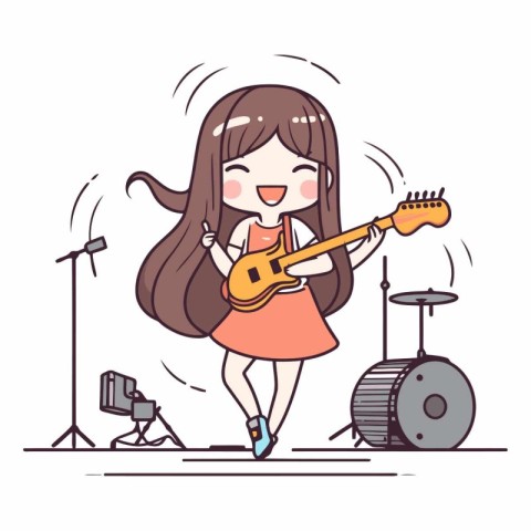 Girl playing guitar on stage. Cute cartoon character.